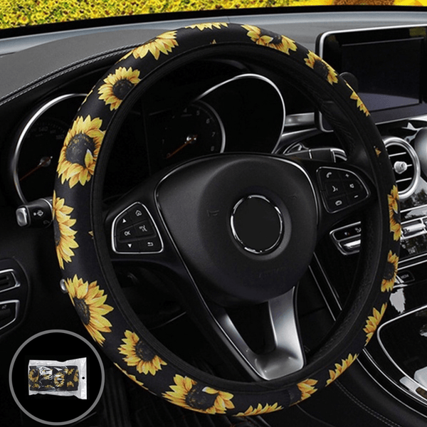 Gadget Gerbil 38cm Car Steering Wheel Covers Protector Glove Plush Sunflower + Shoulder Sleeves Sunflower Steering Wheel Cover