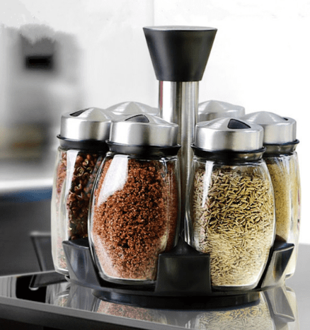 Gadget Gerbil 6 Glass Jar Rotating Spice Rack Set