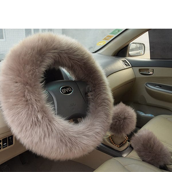 Gadget Gerbil Beige Pure Wool Car Steering Wheel Cover Leather Sheepskin Handle Hand Brake Set Gear Set Three-piece