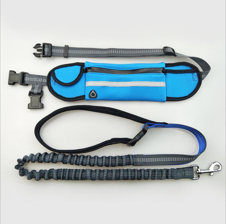 Gadget Gerbil Blue Hands-Free Dog Running Leash with Waist Pocket Adjustable Belt Shock Absorbing Bungee