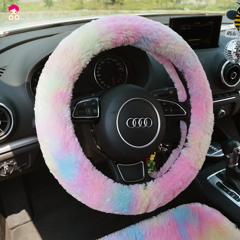 Gadget Gerbil Color Pure Wool Car Steering Wheel Cover Leather Sheepskin Handle Hand Brake Set Gear Set Three-piece