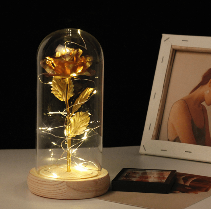 Gadget Gerbil Gold rose LED Enchanted Rose Lamp with Wooden Base