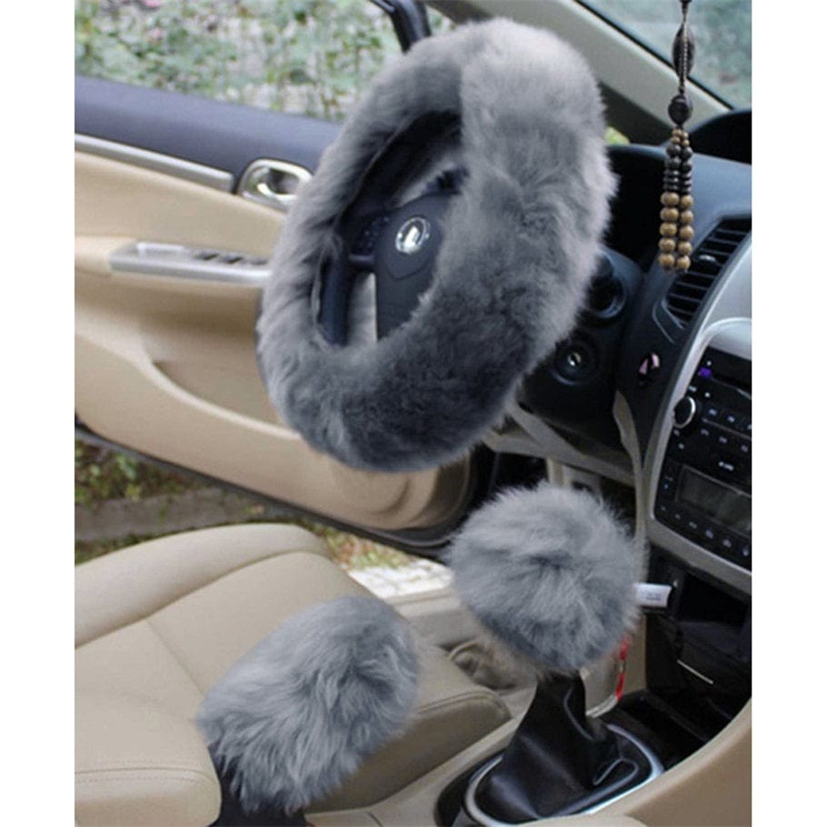 Gadget Gerbil Grey Pure Wool Car Steering Wheel Cover Leather Sheepskin Handle Hand Brake Set Gear Set Three-piece