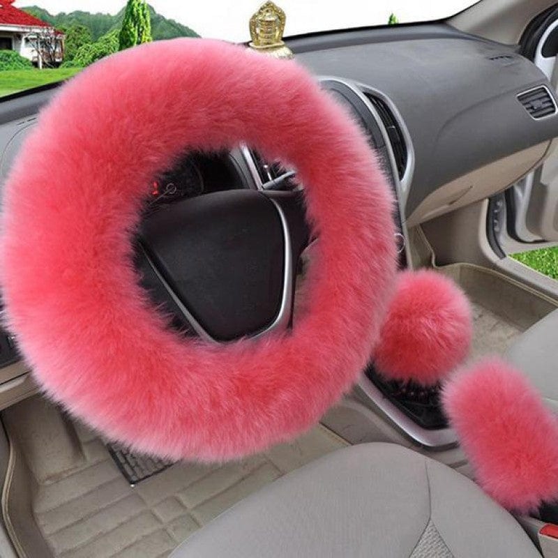 Gadget Gerbil pink Pure Wool Car Steering Wheel Cover Leather Sheepskin Handle Hand Brake Set Gear Set Three-piece