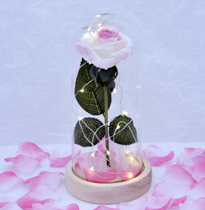 Gadget Gerbil Pink white rose LED Enchanted Rose Lamp with Wooden Base