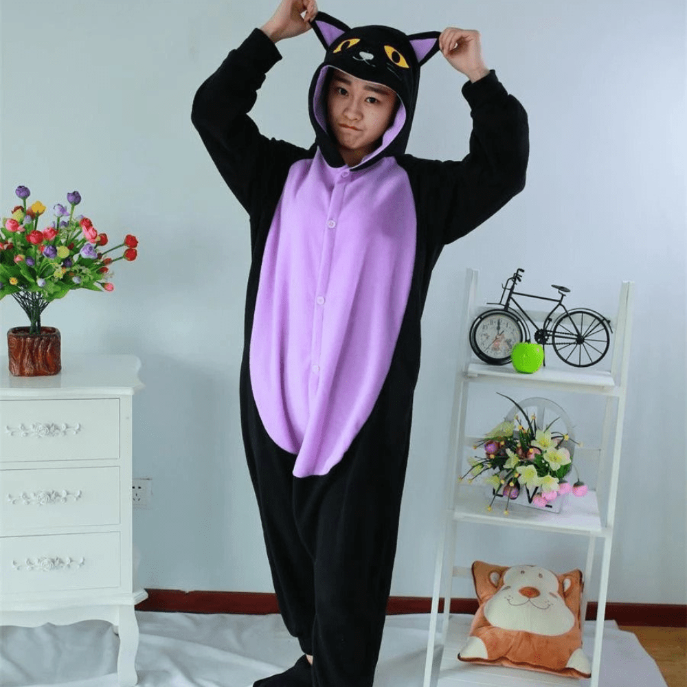Gadget Gerbil Purple / L Adult Black Cat Onesie Pajamas