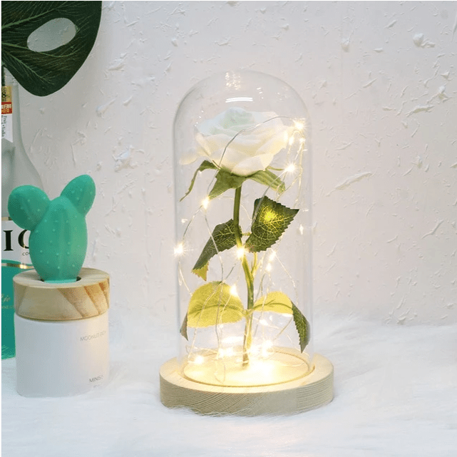 Gadget Gerbil White rose LED Enchanted Rose Lamp with Wooden Base