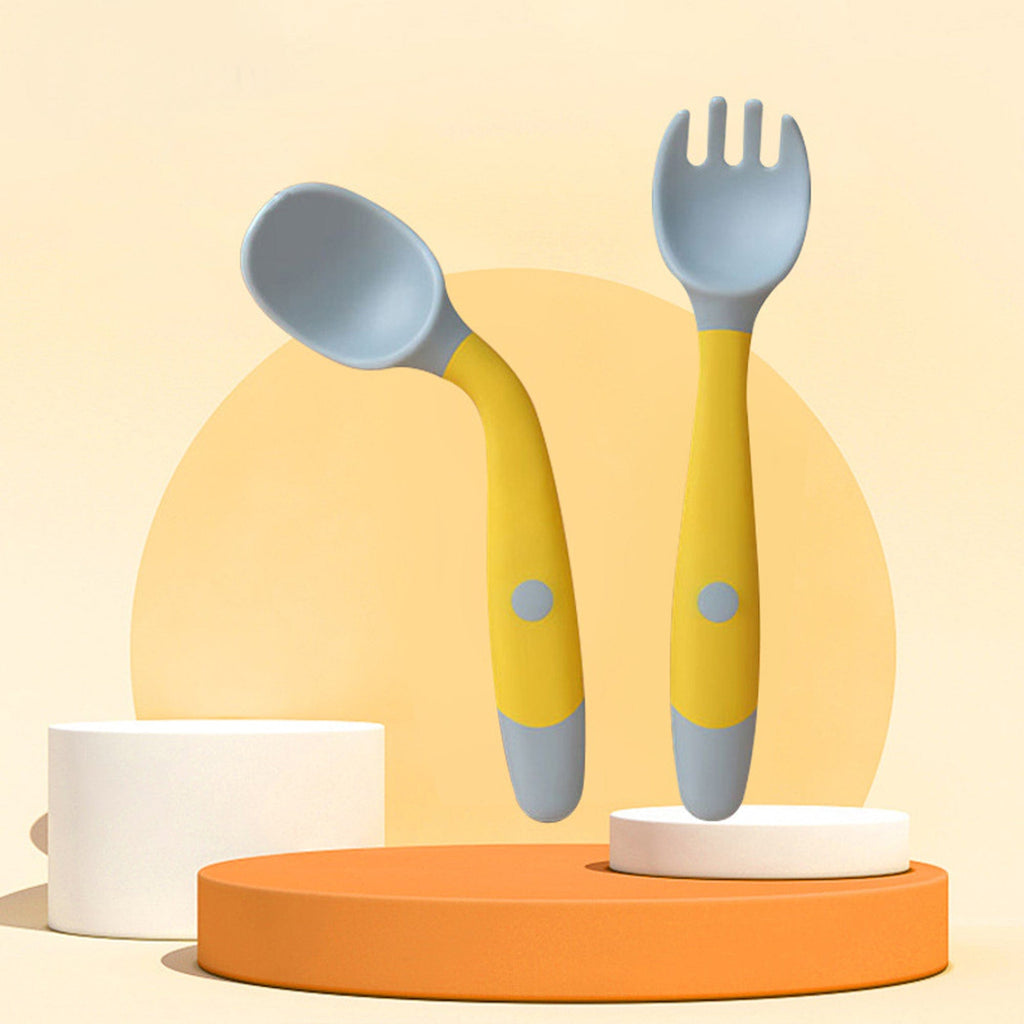 Gadget Gerbil Yellow Silicone Spoon for Baby Utensils Set Auxiliary Food Toddler Learn To Eat Training Bendable Soft Fork Infant Children Tableware